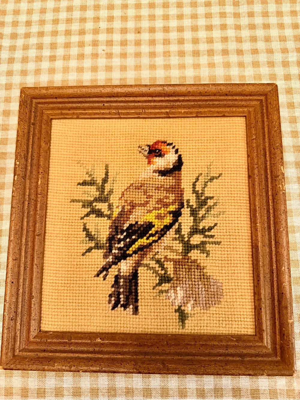 Vintage Needle Point Framed Picture of Bird in Tree